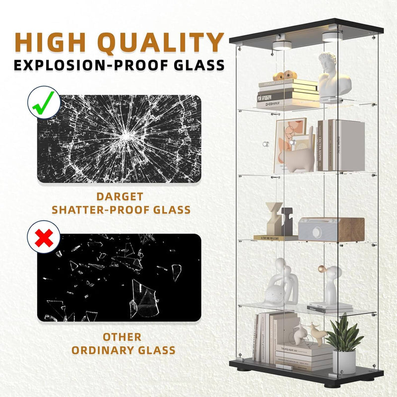 Glass Display Cabinet 5-Shelf 2 Doors with 2 LED Push Lights with Remote Control, Locking, 5mm Tempered Glass Floor-to-ceiling Glass Bookcase for