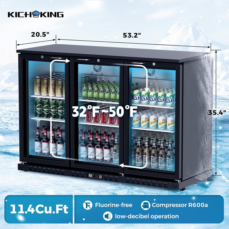 11.4 Cu.Ft Back Bar Cooler 53.2" W Beverage Refrigerator, 3 Low-E Glass Doors, Counter Height Bar Fridge, Commercial Display Refrigerator Anti-Fog, LED Light for Beer, Wine, Soft Drinks