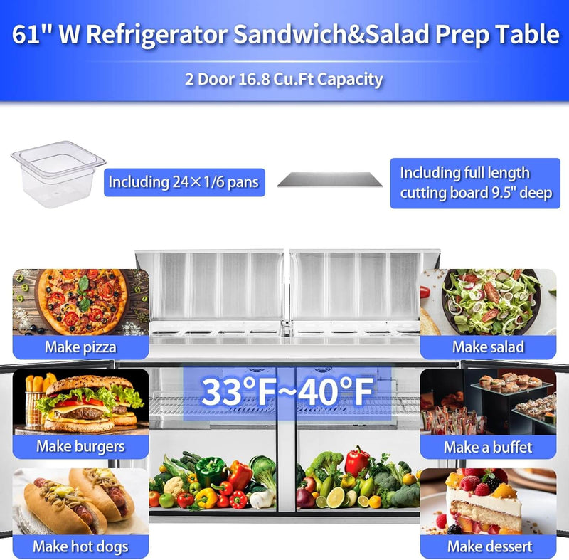 BLUELINETECH Commercial Refrigerator 61" W Sandwich & Salad Prep Table 16.8 cu.ft Stainless Steel undercounter refrigerators 2 Solid Door,24 Pans For Restaurant,Bar, Shop, etc