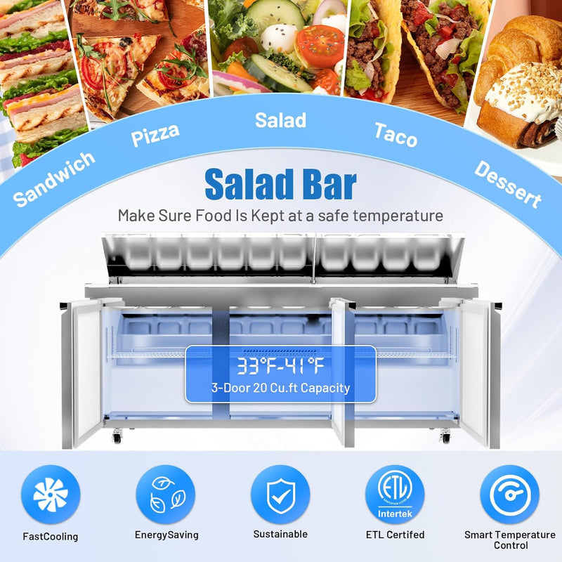 72" W Sandwich/Salad Prep Table With 3 Door Refrigerator Base | 20 Cu.Ft. & 30 Pans