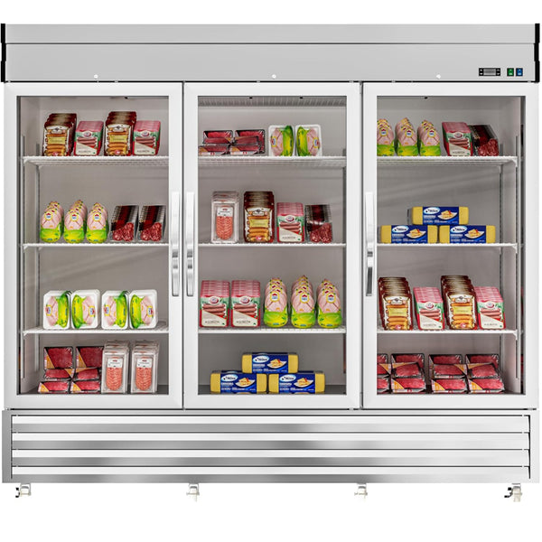 KICHKING 72" Commercial Reach-in Refrigerator- Three Section Glass Door Stainless Steel Merchandiser , 33℉~41℉