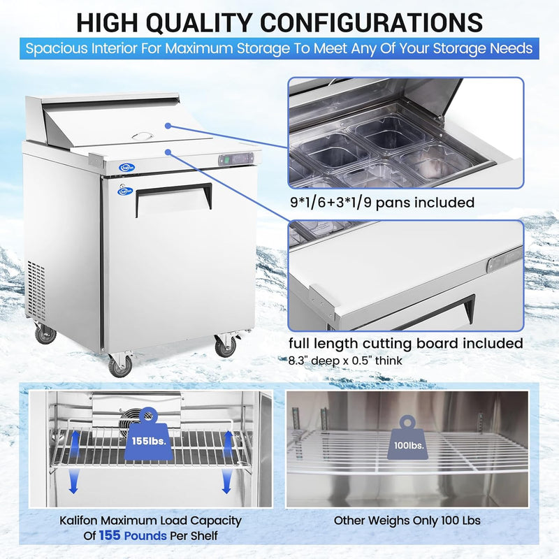 27" W 1 Door Refrigerator Sandwich Salad Prep Table Commercial Stainless Steel Fan Cooling Refrigerator with Cutting Board, 1 Shelves & 12 Pans for Restaurant, Bar, Shop-7.4 Cu.ft