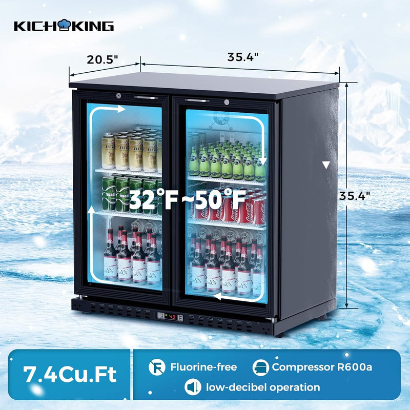 7.4 Cu.Ft Back Bar Cooler 35.4" W Beverage Refrigerator, 2 Low-E Glass Doors, Counter Height Bar Fridge, Commercial Display Refrigerator Anti-Fog, LED Light Beer, Wine, Soda, Soft Drinks