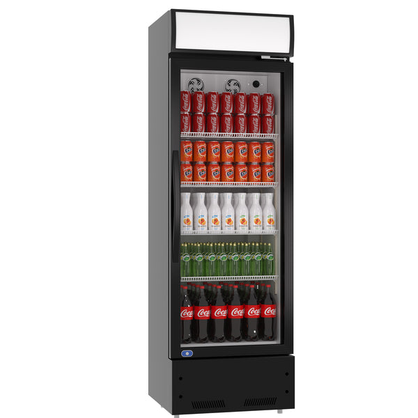 LED lightbox swing glass door merchandiser refrigerator with drinks and beverages on shelves 