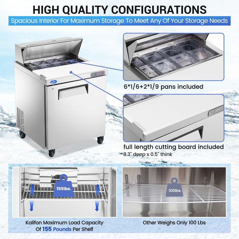 27" W 1 Door Refrigerator Sandwich Salad Prep Table Commercial Stainless Steel Fan Cooling Refrigerator with Cutting Board, 1 Shelves & 8 Pans for Restaurant, Bar, Shop-7.4 Cu.ft