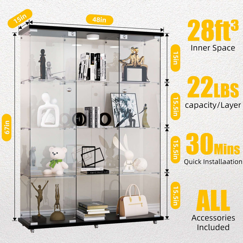 4 Shelf Glass Display Cabinet with 12 Color LED Lights and Remote Control, 3 Columns Tempered Glass Curio Cabinet