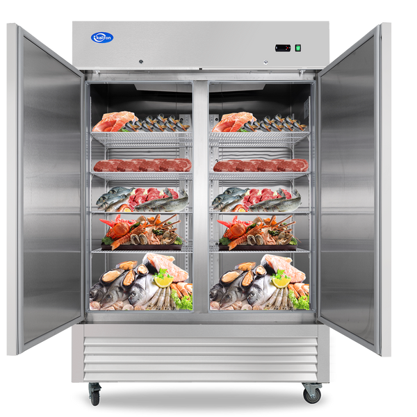 54" Commercial Freezer with 2 Solid Door, 49 Cu.ft Reach-in Stainless Steel Freezer, Fan Cooling Freezer for Restaurant, Bar, Home, Shop, and Business(Equip 8 Shelves)