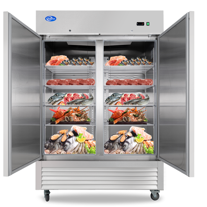 54" Commercial Freezer with 2 Solid Door, 49 Cu.ft Reach-in Stainless Steel Freezer, Fan Cooling Freezer for Restaurant, Bar, Home, Shop, and Business(Equip 8 Shelves)