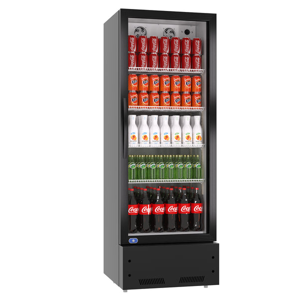 A black glass door merchandiser refrigerator