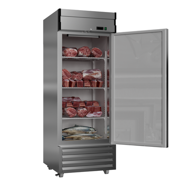  A 27"W One Section Solid Door Upright Reach-In Freezer with Fish and Meat on Shelves