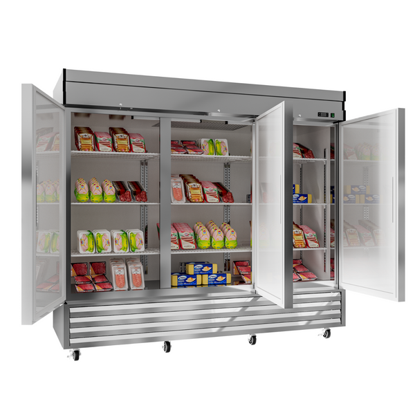 KICHKING 72" Commercial Reach-in Refrigerator - Three Section Solid Door Stainless Steel Refrigerator, 33℉~41℉