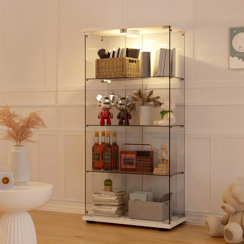 Glass Display Cabinet with Double Glass Doors, 65"H 4 Shelves LED Curio Cabinet, Tall Wine Cabinet