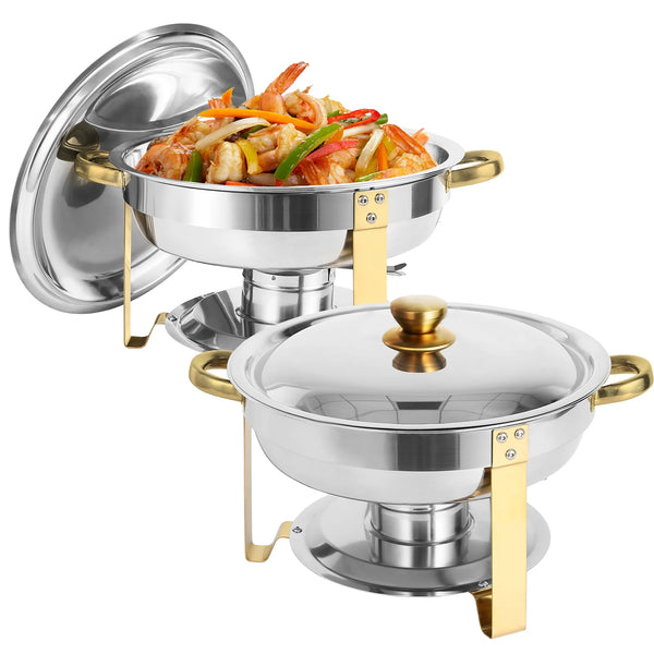 IMACONE Chafing Dish Buffet Set, 2 Pack 5QT Stainless Steel Round Chafer for Catering, Upgrade Chafer and Buffet Warmer Set with Gold Frame for Party Wedding