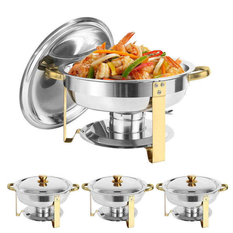 IMACONE Chafing Dish Buffet Set, 4Pack 5QT Stainless Steel Round Chafer for Catering, Upgraded Chafers and Buffet Warmer Sets w/ Gold Frame for Party Wedding Holiday