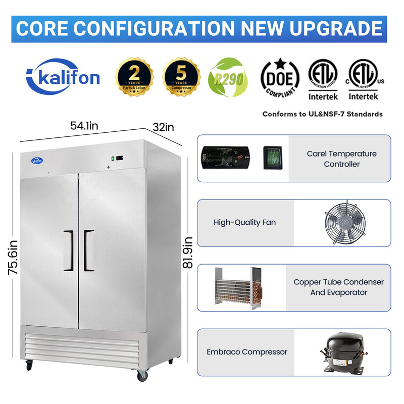 54" Commercial Freezer with 2 Solid Door, 49 Cu.ft Reach-in Stainless Steel Freezer, Fan Cooling Freezer for Restaurant, Bar, Home, Shop, and Business(Equip 8 Shelves)