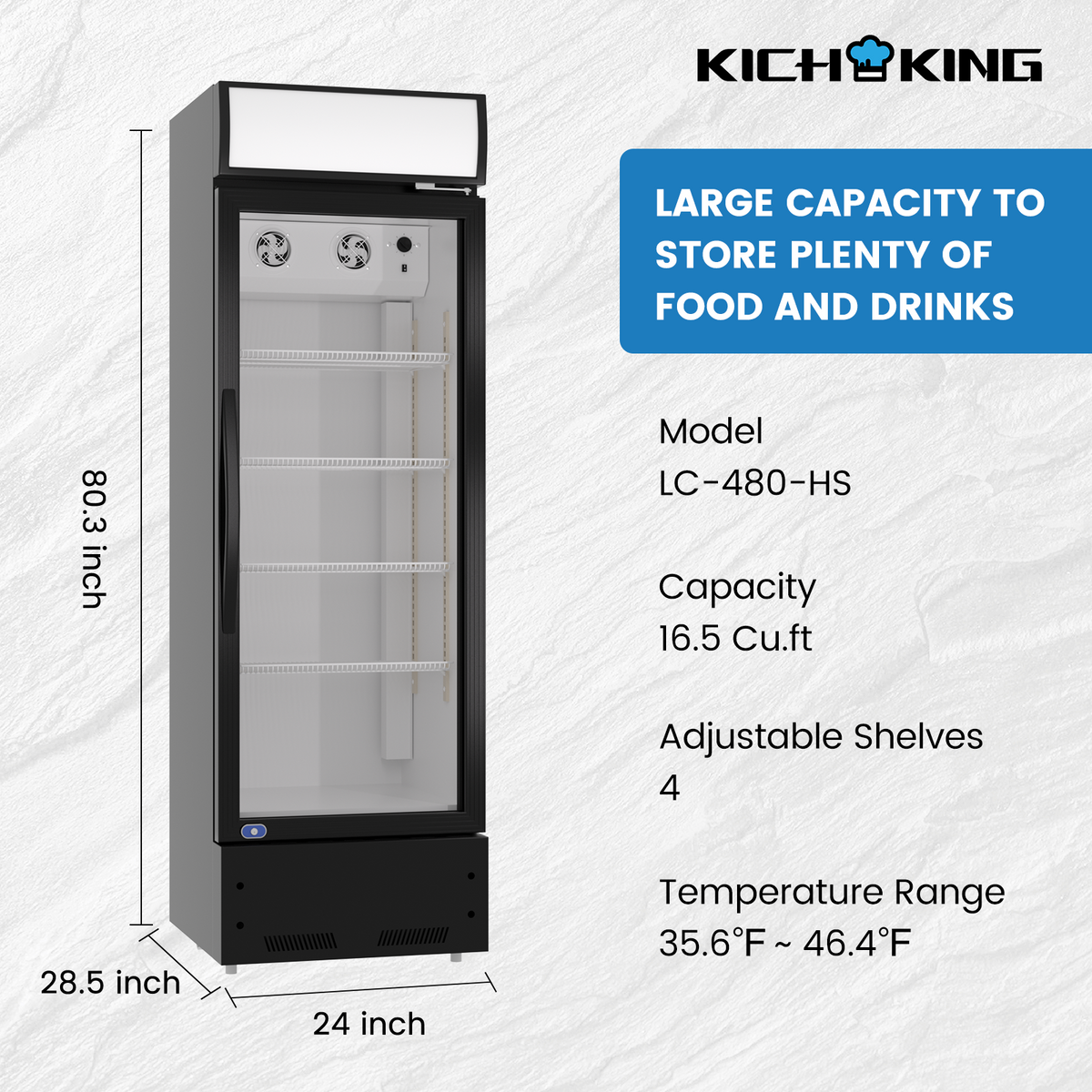 KICHKING 16.5 Cu.ft Merchandiser Refrigerator Silver/Black Swing Glass