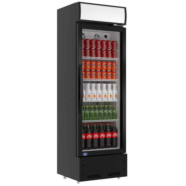 A swing glass door commercial merchandiser refrigerator with drinks and beverages on shelves