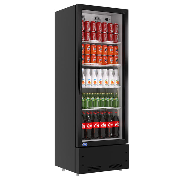 A swing glass door commercial merchandiser refrigerator with drinks and beverages on shelves