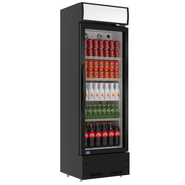 A swing glass door commercial merchandiser refrigerator with drinks and beverages on shelves