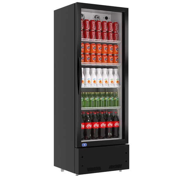 A swing glass door commercial merchandiser refrigerator with drinks and beverages on shelves