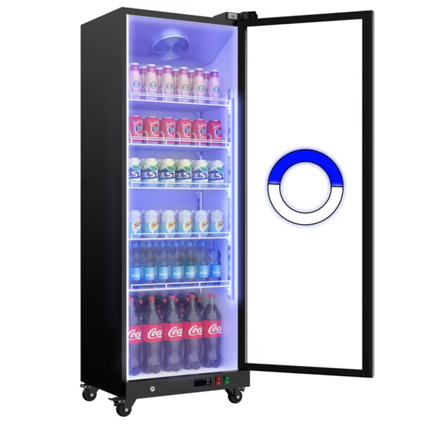 Full Screen Glass Commercial Cooler 17.5 Cu.Ft Merchandiser Refrigerator 32-50°F Aluminum Alloy Frame Low-E Display Refrigerator Beverage Drink Fridge, Adjustable Shelves Organizer ETL/DOE, Black