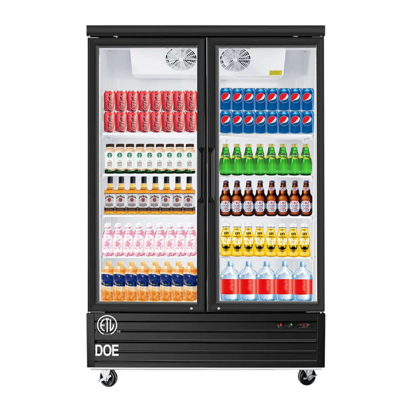 BLUELINETECH 40 Cu.Ft Display Refrigerator with 2 Glass Doors, Reach-in Commercial Beverage Refrigerator Fan Cooling Beverage Cooler Fridge with LED Lightning for Restaurant Bar Shop