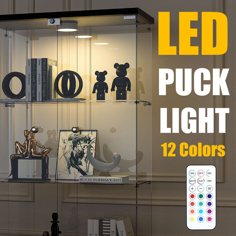 3 Shelf Glass Display Cabinet with 12 Color LED Lights and Remote Control, 2 Glass Doors Curio Cabinet