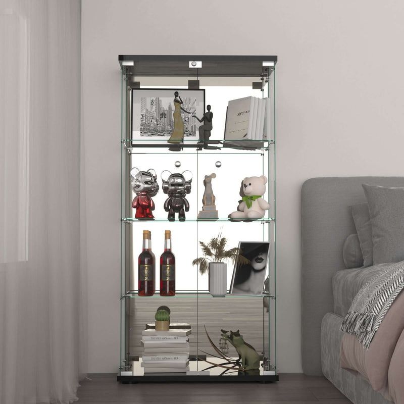 4 Shelf Glass Display Cabinet with Mirrored Back, 2 Glass Doors Curio Cabinet