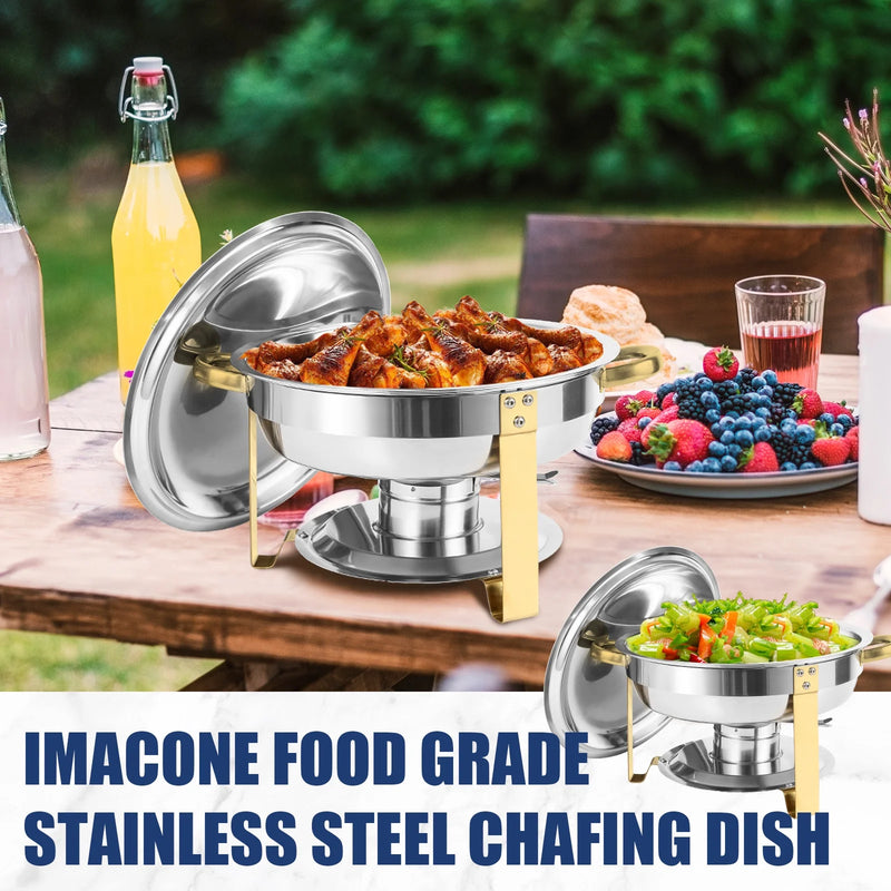 IMACONE Chafing Dish Buffet Set, 4Pack 5QT Stainless Steel Round Chafer for Catering, Upgraded Chafers and Buffet Warmer Sets w/ Gold Frame for Party Wedding Holiday