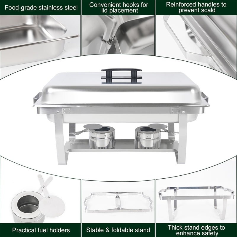 IMACONE Chafing Dish Buffet Set 2 Packs 8 Qt. Stainless Steel Foldable Rectangular Buffet Chafer Set with 3 1/3 Size Food Pans