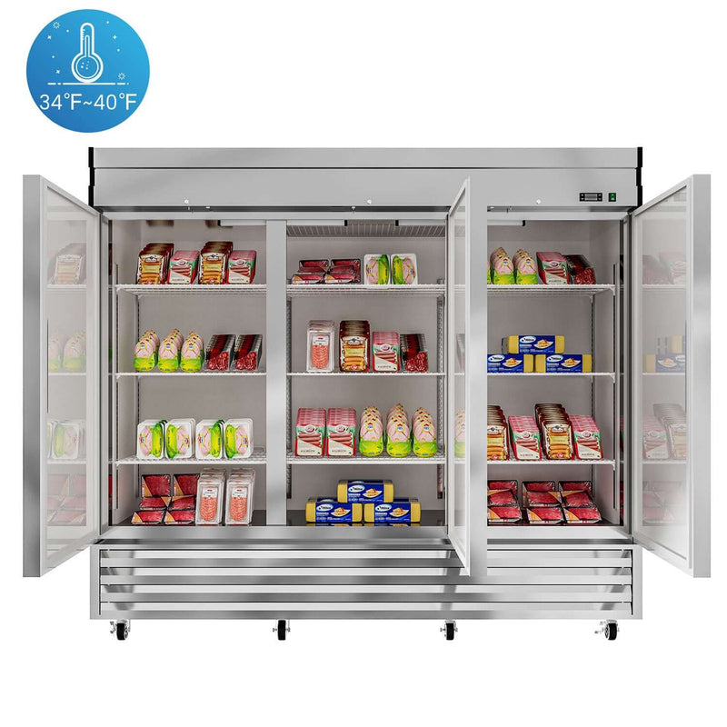 KICHKING 72" Commercial Reach-in Refrigerator - Three Section Solid Door Stainless Steel Refrigerator, 33℉~41℉