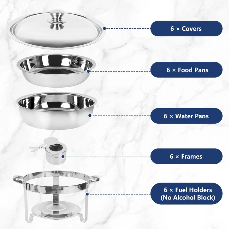 IMACONE Chafing Dish Buffet Set, 5Qt 6-Pack Stainless Steel Round Catering Warmer Set with Water Pan