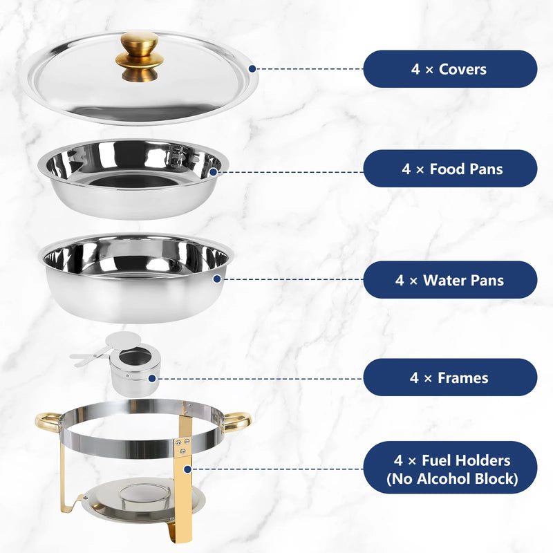 IMACONE Chafing Dish Buffet Set, 4Pack 5QT Stainless Steel Round Chafer for Catering, Upgraded Chafers and Buffet Warmer Sets w/ Gold Frame for Party Wedding Holiday