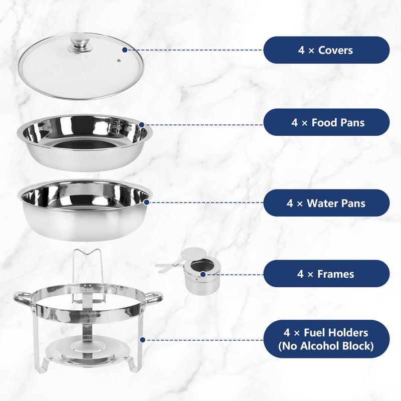 IMACONE 5QT Chafing Dish Buffet Set 4-Pack with Glass Lid & Holder, Stainless Steel Round Chafer Set for Catering Event