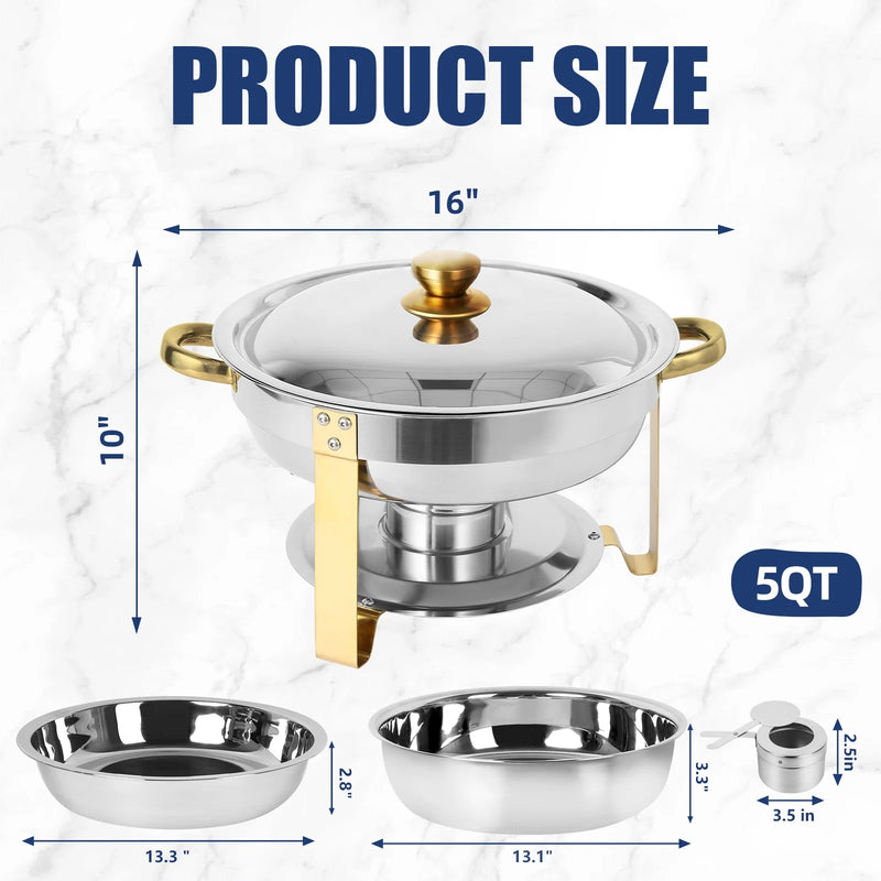 IMACONE Chafing Dish Buffet Set, 2 Pack 5QT Stainless Steel Round Chafer for Catering, Upgrade Chafer and Buffet Warmer Set with Gold Frame for Party Wedding