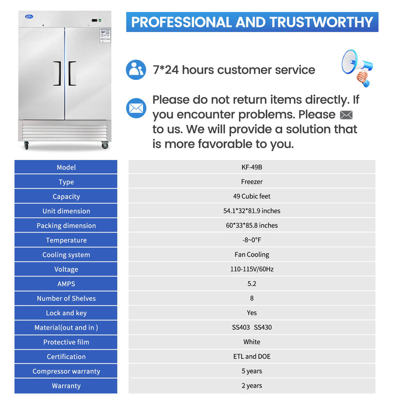 54" Commercial Freezer with 2 Solid Door, 49 Cu.ft Reach-in Stainless Steel Freezer, Fan Cooling Freezer for Restaurant, Bar, Home, Shop, and Business(Equip 8 Shelves)