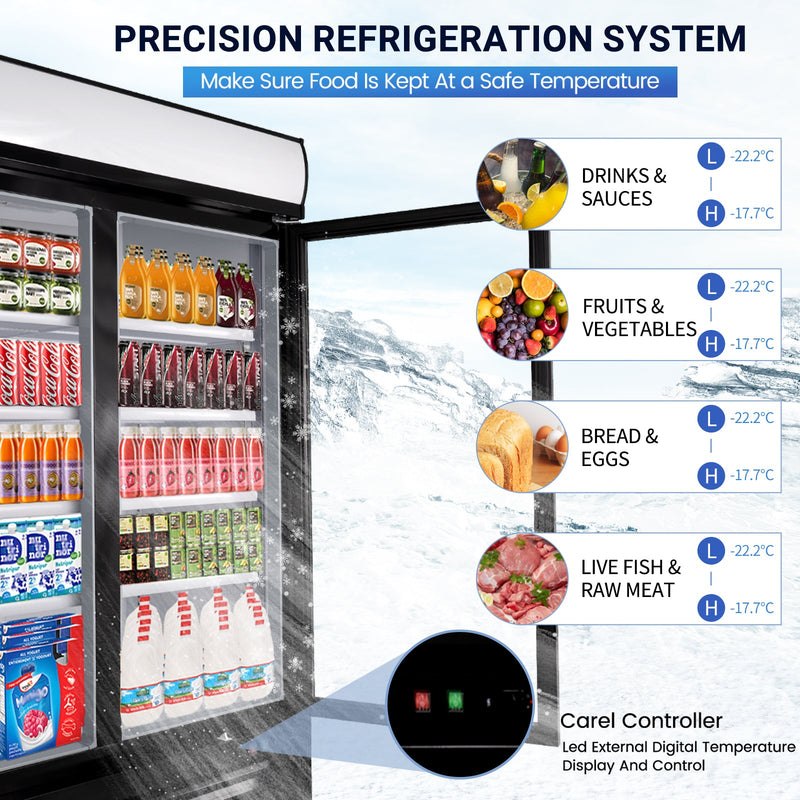 Commercial Glass 2 Door Display Refrigerator 49 Cu.Ft Beverage Cooler Merchandiser Upright with LED Light for Home Restaurant Grocery Stores