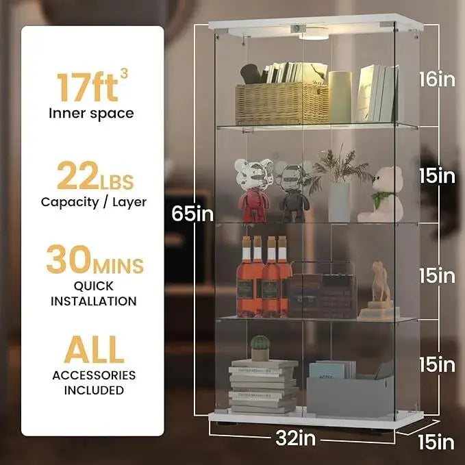 Glass Display Cabinet with Double Glass Doors, 65"H 4 Shelves LED Curio Cabinet, Tall Wine Cabinet