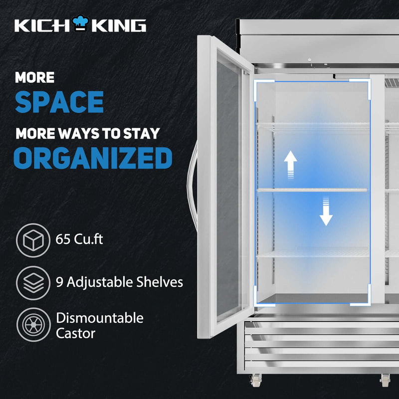 KICHKING 72" Commercial Reach-in Refrigerator - Three Section Solid Door Stainless Steel Refrigerator, 33℉~41℉